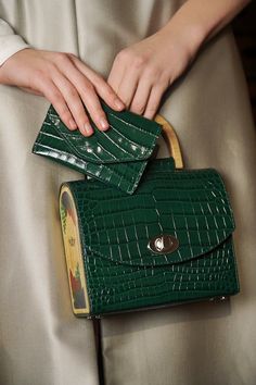 Calfskin bag Emerald Green Croco wooden sides from Carpathian ash-tree inlaid with leaves of Australian eucalyptus and turquoise malachite Australian Eucalyptus, Handbag Design, Ash Tree, Real Leather Bags, Bridesmaid Bags, Bag Aesthetic, Ladies Clutch, Side Bags, Bag Luxury