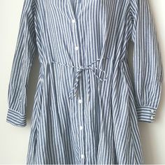 French Connection Shirt Dress Or Jacket, Shacket Nwt India Cotton, Size 2, *But Could Fit Larger Sizes To Size 8, See Measures* Denim Blue, White Stripes: 1st 4 Pictures Capture Color Best Notch Collar, Yoke Long 2 Buttons Sleeves Side Seams Pockets Tube Belt Threaded Inside Stitching Reinforced Holes Wide Hem 3.5" Lower Slits 9 Buttons Front Closure Back Hem Slightly Longer Flat Measures: Shoulders: 15.5" Underarms: 21.5" Waist: 22.5" [& Less With Adjustable Cord Tie] Hips: 29" Top Button To He Navy Shirt Dress For Spring Workwear, Casual Navy Shirt Dress For Work, Navy Casual Shirt Dress For Spring, Casual Navy Shirt Dress For Spring, Velvet Tunic Dress, Blue Ruffle Dress, Long Sleeve Bandage Dress, Flannel Shirt Dress, Long Sleeve Sheath Dress