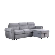 a grey sectional sofa with chaise lounger and footstool on an isolated white background