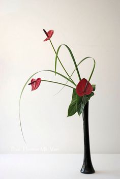 three red flowers in a black vase on a white table top with green stems and leaves