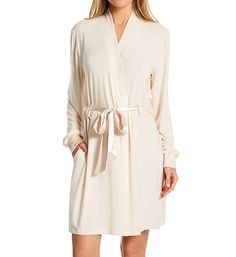 Long-sleeved robe is pleasantly soft for restful sleep and lounge. The floral lace details at cuffs and belt casing add an elegant touch. Made of knit micro modal, nylon, and elastane. Robe has a standing back neckline. Long sleeves help keep you warm. Removable satin belt secures at front. Sleeve cuffs and belt casing have floral lace overlay with rose gold metallic embroidery. On-seam pockets hold a phone. Satin internal ties also secure the front. Turned and stitched hem. Micro modal knit is Feminine V-neck Robe For Sleep, V-neck Robe With Tie Waist For Loungewear, Long Sleeve Sleepwear With Lace Trim For Loungewear, Elegant V-neck Sleepwear For Lounging, Soft White Sleepwear For Lounging, Spring Long Sleeve Nightgown For Loungewear, White Long Sleeve Sleepwear For Relaxation, White Relaxed Fit Sleepwear For Fall, Comfortable Soft Sleepwear For Spring