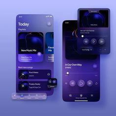 three mobile phones with music player icons on the front and back, all in purple hues