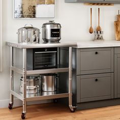 a kitchen with gray cabinets and stainless steel appliances