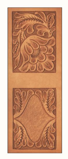 two carved panels with flowers and leaves on the sides, one in brown leather material