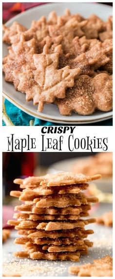 crispy maple leaf cookies stacked on top of each other with text overlay that reads crispy maple leaf cookies