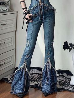 Patchwork Design Denim Flare Pants Lace-up Detail Denim Flare Pants, Woman Outfit, Clothing Diy, Mode Casual, Upcycled Fashion, Really Cute Outfits, Denim Flares, Dream Clothes, Fashion Outfit