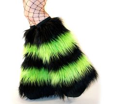 "Striped Black and Lime Green Fluffies. Made professionally using The softest, fluffiest and longest haired faux fur. They are 19\" long from top to bottom, and flared around the bottom, with an elastic band sewn at the top (can be worn shown out or hidden - tucked in) to keep them from slipping down while you're partying the night out at the club. One size fits most (Stretchy elastic will Fit most calfs, let me know if you think you may need custom size or length). Perfect for Burning Man, Club Fur Boot Covers, Scene Clothing, 2000s Scene, Fur Leg Warmers, Knitted Leg Warmers, Girls Streetwear, Goth Boots, Kawaii Goth