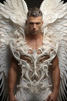 a man with white wings on his body