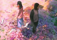 two people standing in the middle of flowers with birds flying around them and one person wearing a pink sweater