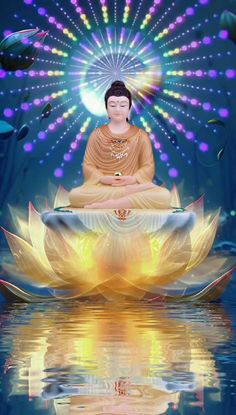 buddha sitting on top of a lotus in the middle of water with fireworks behind it