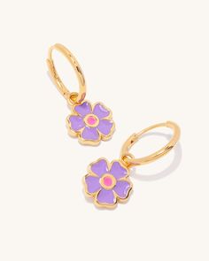 Walking through a meadow of wildflowers in spring, lambs playing, bunnies lazing in the sunshine, and birds singing. Winter is long gone and the valley is coming to life again. Feel the flower power? A combination of 18k Gold Vermeil (a thick layer of 18k gold over 925 sterling silver) and lilac enamel has created a perfect piece to keep you daydreaming.  WHY THEY'RE PERFECT: - Completely unique and original Picnic Blanket design - Unique Gold & Enamel fusion - As part of the Dreamear collection Spring Yellow Gold Earrings Gift, Yellow Gold Earrings For Spring Gift, Spring Gift Yellow Gold Earrings, Gold Flower Hoop Earrings For Spring, Purple Flower Shaped Jewelry For Spring, Summer Gold Hoop Flower Earrings, Gold Hoop Flower Earrings For Summer, Gold Round Flower Earrings For Spring, Summer Flower Charm Hoop Earrings