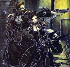 an anime scene with two people dressed in black