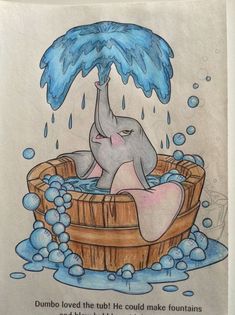 an elephant sitting in a bathtub with water pouring from its trunk