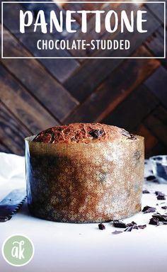 panettone chocolate - studded bread on a table with the title overlay