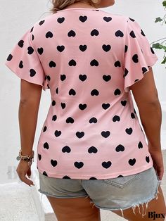 Bjux - Medium Stretch Plus Size Womens Casual T-shirt Featuring a Heart Print Design with Short Sleeves and V Neckline Spring Heart Print V-neck Top, Cute Spring Tops With All Over Print, Casual V-neck Top With Heart Print, V-neck Top With Heart Graphic For Summer, Pink Heart Shaped T-shirt For Summer, Pink Heart-shaped T-shirt For Summer, Pink Heart Print T-shirt For Summer, Cute V-neck Top With Graphic Print, Cute Heart Print Summer Tops