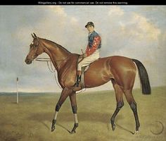 a painting of a man riding on the back of a brown horse in a field