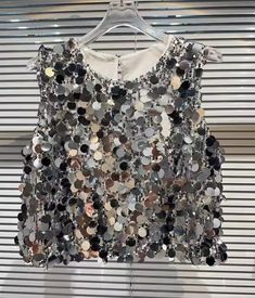 Silver Round Sequins Top | Jeongin - Stray Kids Grey S Stray Kids Fashion, Tank Top Y2k, Sequins Top, Loose Vest, Dance Stage, Fashion Chingu, Large Sequins, High Neck Crop Top, Y2k Tops