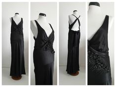 "Amazing Robert Cavalli black silk full -length dress with deep v neckline and open back , unique dimensional flowers with small beads ,bias construction, side zipper and tie back closures. ✂-----Measurements : fits like: medium bust : 40\" waist: up to 38\" hip: up to 44\" length: 59 1/2\" brand/maker: Robert Cavalli condition: excellent Shipping Is Avaliable Worldwide. Every item is carefully shipped Priority via Air Mail - shipping takes from 7 to 14 working days, depending on your location. V-neck Evening Dress With Back Opening, Black Silk Evening Dress With Back Opening, Evening Silk Backless Maxi Dress, Silk Backless Evening Dress, Formal Embellished Backless Maxi Dress, Silk V-neck Evening Dress For Party, Black Silk Backless Evening Dress, Glamorous Black Silk Maxi Dress, Black Bias Cut Dress For Wedding