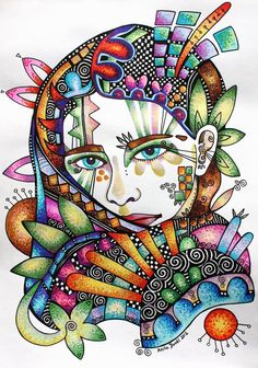 a drawing of a woman's face with many different colors and patterns on it