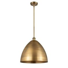 a brass colored pendant light hanging from the ceiling