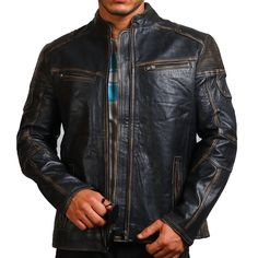 Black Distressed Biker Jacket Vintage Black Washed Outerwear, Vintage Style Washed Black Outerwear, Distressed Brown Outerwear For Biker Events In Fall, Retro Black Leather Jacket With Long Sleeves, Black Retro Leather Jacket With Long Sleeves, Fitted Black Washed Outerwear, Distressed Washed Black Winter Outerwear, Classic Distressed Outerwear For Fall, Vintage Distressed Outerwear For Fall