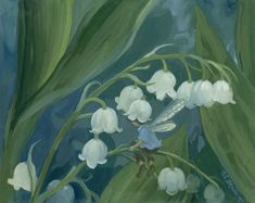 a painting of white flowers and green leaves