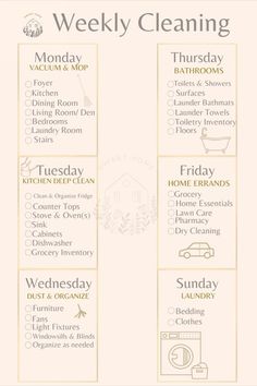 a cleaning checklist with the words weekly cleaning on it