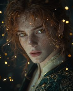 a woman with freckled hair and blue eyes looks at the camera while surrounded by lights