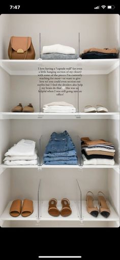 a white shelf filled with lots of different types of shoes and clothing on top of it