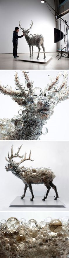 three different images of an animal made out of glass and metal, with the man standing next to it