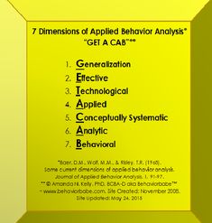 a yellow poster with the words 7 dimensionss of applied behavior analyses get a cap