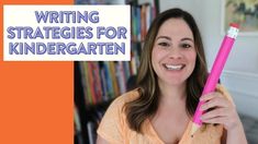 a woman holding a pink toothbrush in front of a bookshelf with the words writing strategy for children written on it