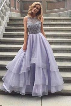 Sexy Lavender Tulle round neck amazing A-line long prom dresses Nepali Dress, Prom Dresses Simple, Green Prom, Stil Boho, Unique Prom Dresses, Beaded Prom Dress, Cute Prom Dresses, A Line Prom Dresses, Beauty Dress