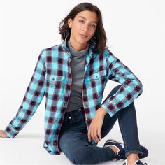 Shirt-Jacket In Stanton Plaid Flannel Item: Au056 Color: Navy Red Sky Size: X-Small Qty: 1 Red Sky, Plaid Flannel, Shirt Jacket, J Crew, Color Blue, Plaid, Navy, Red, Women Shopping