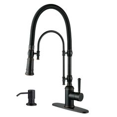 a black faucet with two handles and nozzles