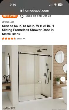 a bathroom with a shower, sink and mirror on the internet page for home depot