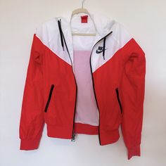 Nike Windbreaker. Size: Xs. Never Worn Nike Windbreaker, Nike White, White Nikes, Nike Jacket, Nike Women, Red White, Red And White, Jackets & Coats, Nike