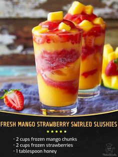 Iced Drinks Recipes, Slushie Recipe, Fruit Smoothie Recipes Healthy, Frozen Mango, Drink Recipes Nonalcoholic, Yummy Alcoholic Drinks, Mango Chunks, Smoothie Drink Recipes, Refreshing Drinks Recipes