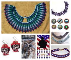 several different types of beaded jewelry are shown in this collage, including necklaces and earrings