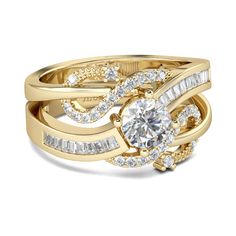 a yellow gold ring with two rows of diamonds on the band and an oval shaped center stone