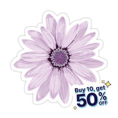 a purple flower with the words buy 10 get 50 % off on it's sticker