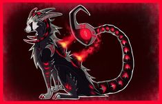 a black and red dragon sitting in front of a red background