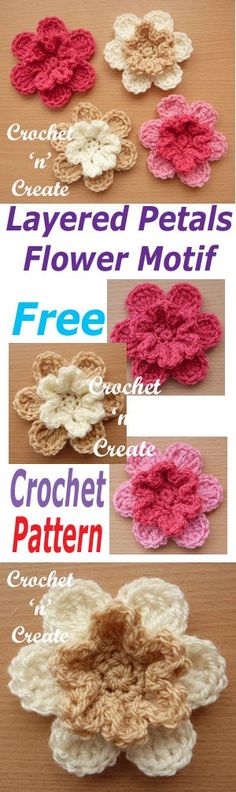 crocheted petal flower motif is shown in four different colors and sizes, with the