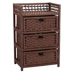 three drawers with wicker baskets on each drawer and the bottom is open to reveal an image