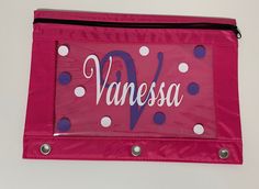 "PLEASE LEAVE COLOR CHOICES FOR THE NAME AND INITIAL This listing is for one personalized zippered, 3-ring pencil pouch. Includes Name, Initial, and Polka Dots Pouch fits most standard 3-ring binders. Pouch is 7.50 inches by 10 inches IF YOU NEED YOUR ORDER BY A SPECIFIC DATE, YOU WILL NEED TO ADD THE RUSH MY ORDER TO YOUR PURCHASE. https://www.etsy.com/listing/625523063 HOW TO ORDER: Leave your personalization details in the \"Add your personalization\" box. * font choice for initial * VINYL CO Purple Zipper Pouch Pencil Case For School, Personalized Pink Pencil Case For Everyday Use, Personalized Pink Pencil Case For Daily Use, Personalized Pink Pencil Case, Rectangular Purple Pencil Case, Rectangular Educational Pencil Case With Zipper, Personalized Pink Pencil Case For Back To School, End Of School Year Personal Zipper Pouch Pencil Case, Personalized Pink Pencil Case For Gift