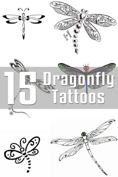 dragonfly tattoo designs with the words 15 dragonfly tattoos written in black and white