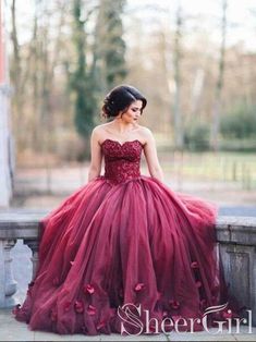 Burgundy Strapless Long Wedding Dresses Lace Applique Bridal Dress AWD1615-SheerGirl Burgundy Ball Gown, Puffy Prom Dresses, Sweet Sixteen Dresses, Long Prom Gowns, Burgundy Prom Dress, Sweetheart Wedding Dress, A Line Prom Dresses, Prom Dresses Ball Gown, Long Wedding Dresses