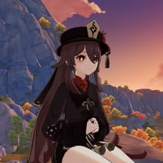 an anime character sitting on top of a rock