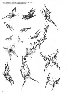 some very pretty butterfly tattoos on a white paper