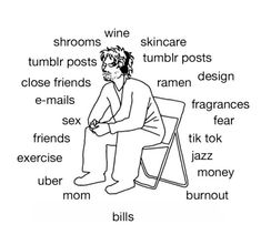 a man sitting on top of a chair with words in front of him that say wine, tumbr posts, tumbr posts, close friends, ramen,